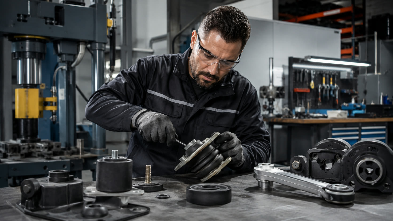 Técnico reparando una pieza en caucho con prensa hidráulica